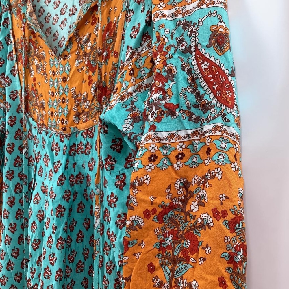 Bluetime Boho Floral Paisley Midi Dress Turquoise Orange Bell Sleeve M - Picture 9 of 9
